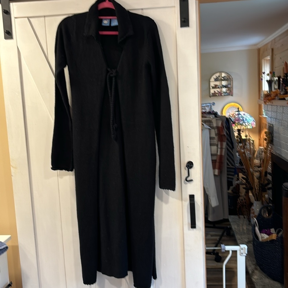 Next Era long, black, rope tie front, side splits,cardigan sweater size M